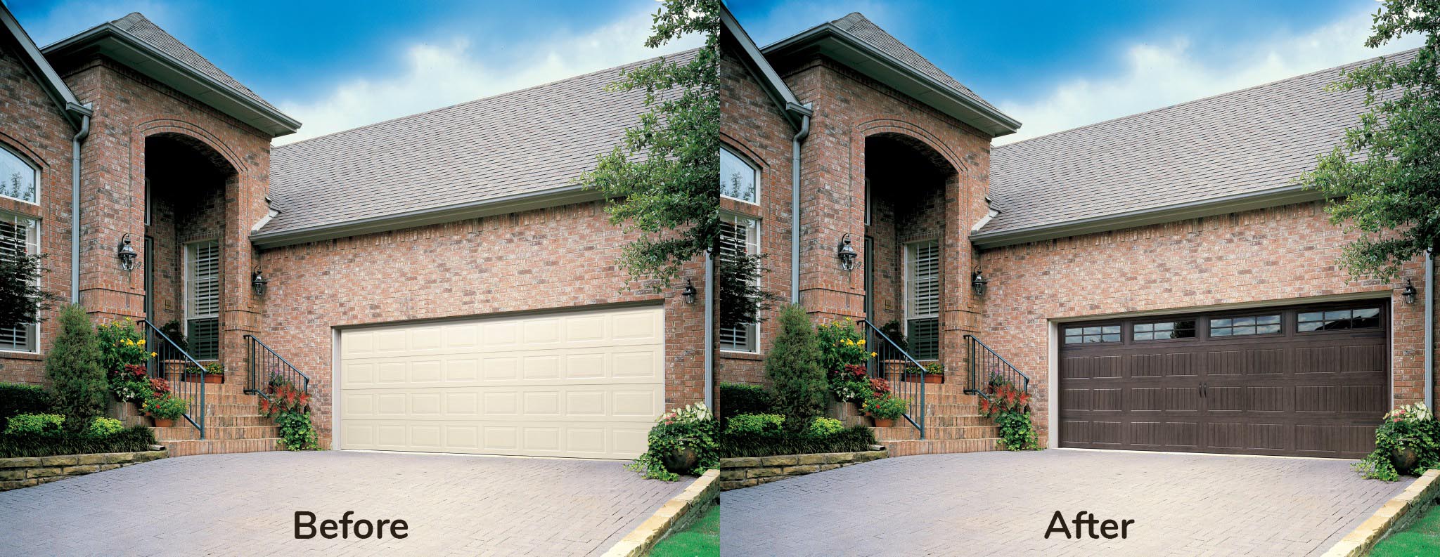 Before and After comparison of the impact of a new garage door with Overhead Door Company of Knoxville.